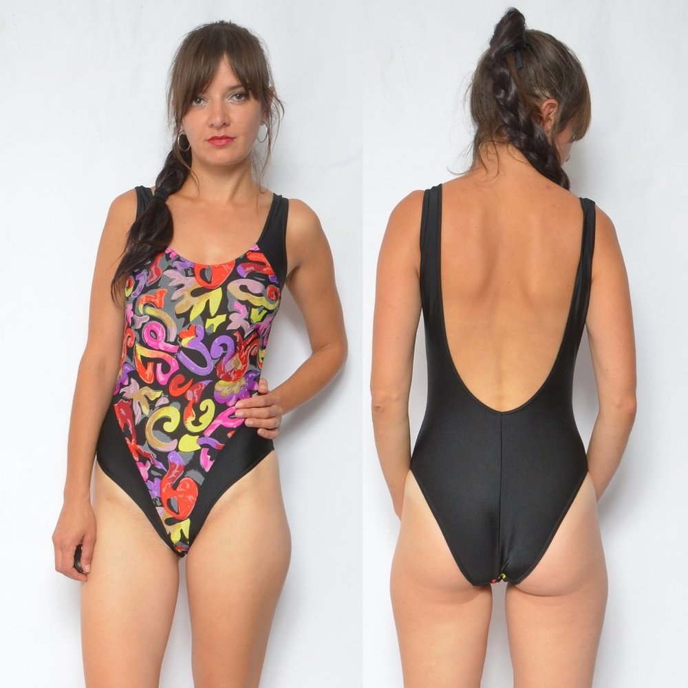 Abstract Print Black Bathing Suit